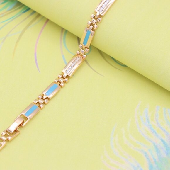 "Elegant Rose Gold Bracelet with Blue Enamel and CZ Accent Links, XPBL0738 - Picture 2 of 12